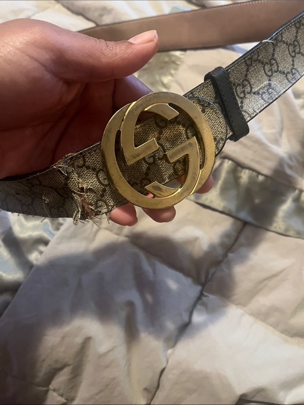 Gucci Beige Brown GG Monogram Belt with Gold Double G Buckle size 34-36 Men